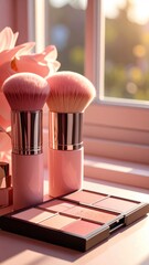 Pink makeup brushes and palette