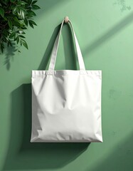 White tote bag on a light green wall