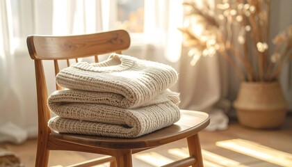 Folded sweaters on wooden chair, indoors
