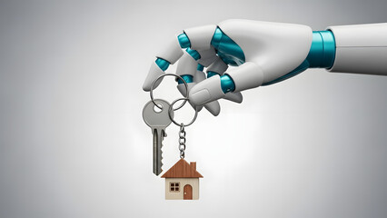 Robotic hand holding house keys on grey background  