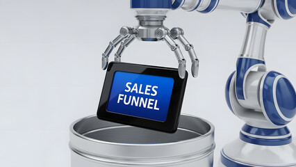 A robotic arm throws out a tablet with a sales funnel in a metal container 