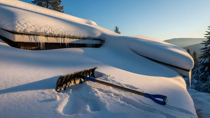 The snow-covered roof of a hut with a snow shovel and icicles at dawn