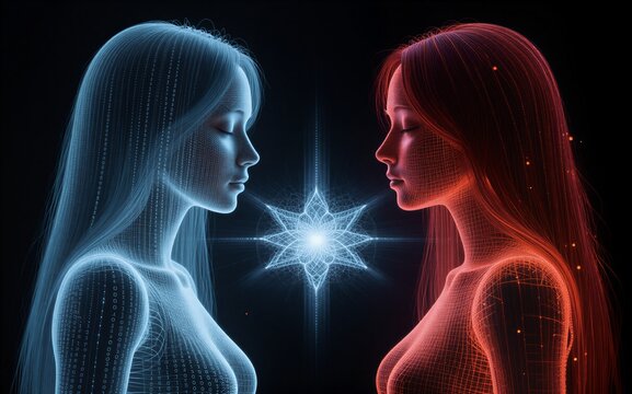Two digital women, blue and red, face each other in glowing data streams. - Powered by Adobe