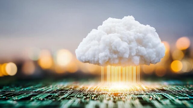 Digital Cloud Data Storage Concept: A fluffy, white cloud hovers above a circuit board, beaming with light, symbolizing the core of the digital age.