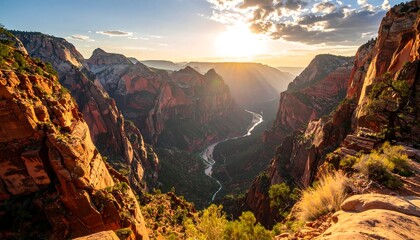 Stunning canyon landscape at sunrise with a winding river below