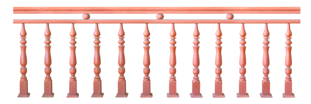 Decorative wooden staircase railing balustrade. Detailed wooden balustrade railing staircase architecture. Png transparency - Powered by Adobe