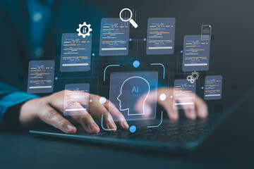 Programmer using AI coding tools on a laptop to assist software development, automate tasks, and generate code efficiently for creating modern applications. © Nirusmee