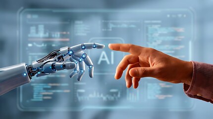 A robotic hand and a human hand reaching out to touch, with 'AI' and digital interfaces in the background, symbolizing the connection between artificial intelligence and humanity.