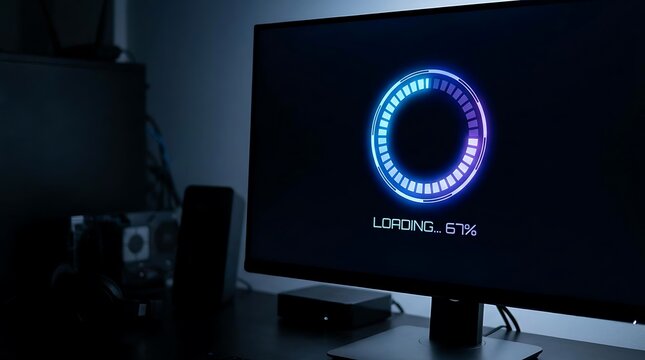 Computer Screen Displays Futuristic Loading Circle with Progress Bar. - Powered by Adobe