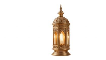 Ornate antique brass islamic style lantern featuring intricate carved patterns and a glowing warm light bulb on transparent background