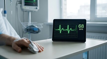 Patients Hand with Pulse Oximeter Connected to Heart Monitor in Hospital Room.