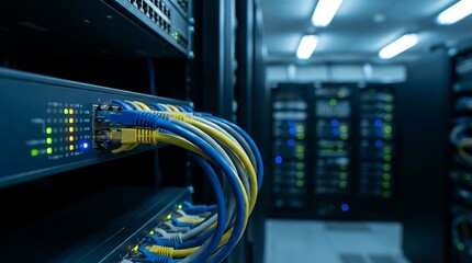 Close-up of Network Cables Connected to Server Rack in Data Center.