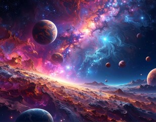 Vivid cosmic scene, planets amidst swirling nebula clouds and stars