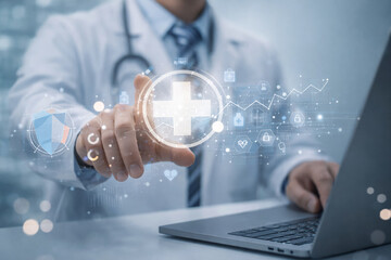 AI generated medical professional interacting with digital healthcare interface showing medical data analytics smart hospital systems health information security and advanced medical technology