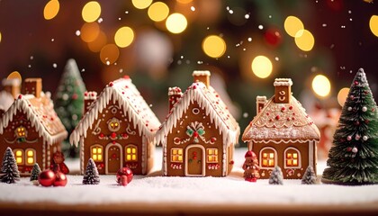 Gingerbread houses in snowy scene