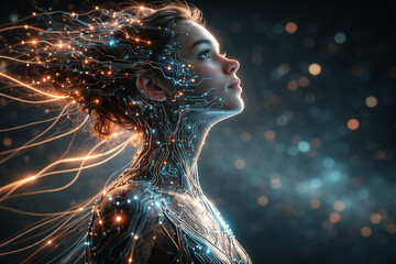 AI generated futuristic human profile with glowing digital circuits and flowing energy lines symbolizing artificial intelligence transhumanism innovation and digital consciousness evolution