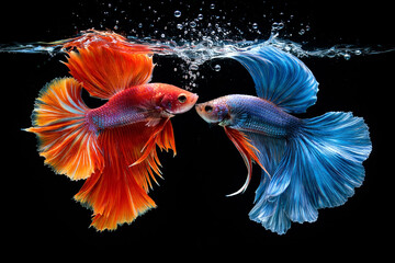 Fototapeta premium AI generated vibrant betta fish facing each other underwater with flowing fins bubbles and dramatic contrast symbolizing beauty power balance and conflict on dark background