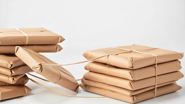 Stack of brown paper parcels wrapped with rubber bands ready for cross border package shipping