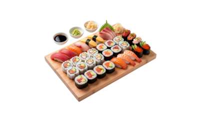 Assorted sushi platter on a wooden board, isolated on transparent background