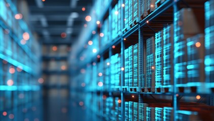 Digital warehouse system with glowing data lines on shelves, representing automated storage and efficient supply chain management