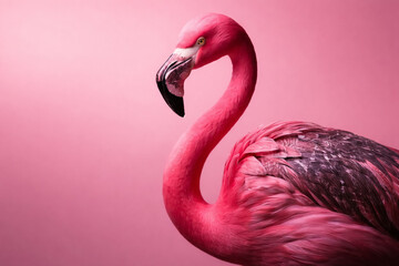 Fototapeta premium AI generated pink flamingo portrait with elegant curved neck minimal pink background expressing grace modern style natural beauty and contemporary visual appeal