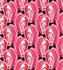 Obraz premium Seamless pattern featuring pink coffins with skeletons. Spooky and quirky Halloween or goth design.