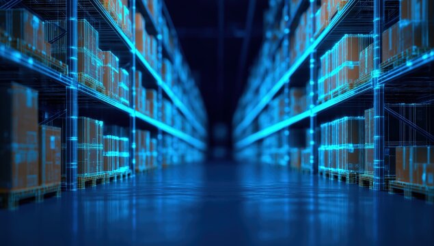 Digital warehouse showing hologram boxes on shelves. Concept of futuristic logistics, automated storage, and data management - Powered by Adobe