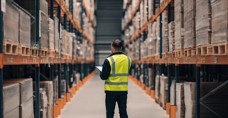 Warehouse worker in high-vis vest operating a digital tablet for inventory management and supply chain logistics