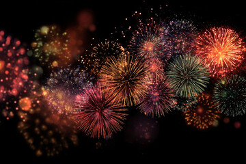 vibrant explosion of colorful fireworks illuminating the dark night sky with glowing bokeh effects
