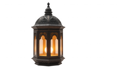Ornate dark metal moroccan style lantern with a warm glowing light bulb inside perfect for festive celebrations on transparent background
