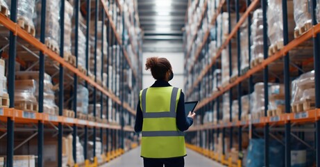 Female warehouse worker wearing safety vest and mask, using a digital tablet for inventory management and order fulfillment