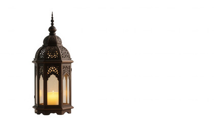 Obraz premium Detailed antique bronze arabic style lantern with a glowing candle inside illuminating intricate filigree patterns on transparent background
