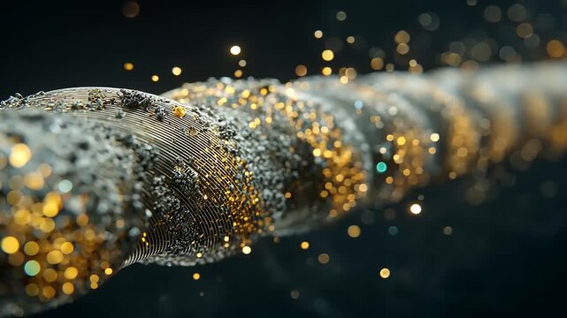 Abstract silver rope with golden sparks dancing in the dark macro video clip