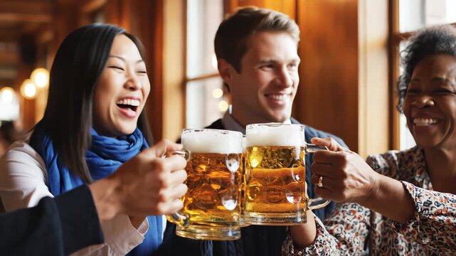 People clinking beer mugs in a bar