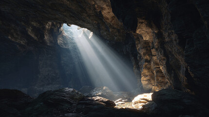 A sunlit cave, a glimpse of light streaming in. The rock walls create a sense of mystery and wonder
