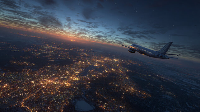 A commercial airplane flying over a city at dusk, with the sky ablaze in colors