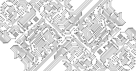 Abstract black circuit board technology connected lines electronics elements computer motherboard chip processor semiconductor digital on white background vector