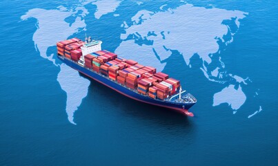 Container ship sailing over a world map, symbolizing global logistics, international shipping, and maritime commerce worldwide