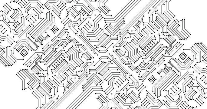 Abstract black circuit board technology connected lines electronics elements computer motherboard chip processor semiconductor digital on white background vector