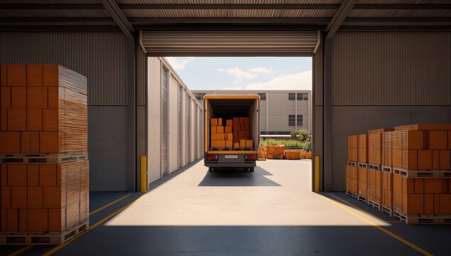 Warehouse with an open loading dock door revealing a truck loaded with cardboard boxes and stacked pallets ready for shipping