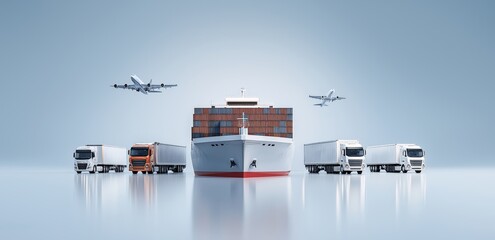 World shipping network showing cargo ship, airplanes, and trucks symbolizing worldwide supply chain and freight forwarding