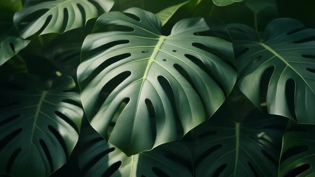 Close Up of Lush Green Monstera Plant Leaves in Soft Sunlight