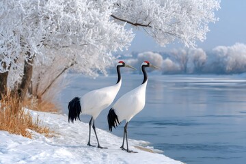 Fototapeta premium Red-crowned cranes standing on snowy riverbank in winter