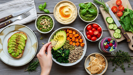 Overhead shot of hands cutting red bell pepper on wooden board surrounded by spices, herbs, garlic, and tomatoes, creating a vibrant and colorful culinary scene