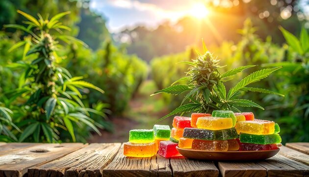 Stacked, colorful gummy edibles in front of a cannabis field