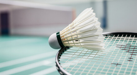 Close-up of a shuttlecock resting on a badminton racket on a green court