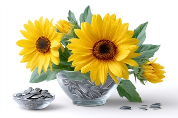 Sunflowers blooming in glass vase with seeds