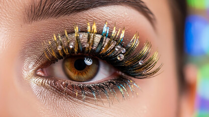 Closeup of a womans eye with glamorous false eyelashes and makeup
