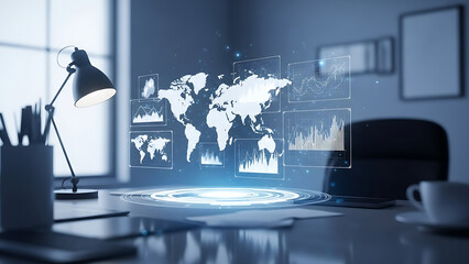 Digital world map with data analytics and business charts displayed holographically on a modern office desk