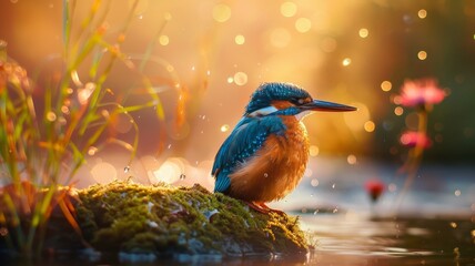 Majestic Kingfisher Bird Resting on a Mossy Perch at Sunrise with Soft Golden Backlight
